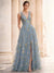 A-Line/Princess Evening Dresses Floral V Neck Sleeveless Tulle Formal Floor Length Dresses with Floral Emboridary Pocket