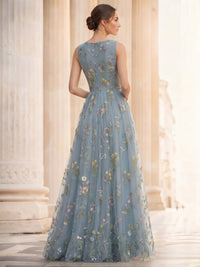 A-Line/Princess Evening Dresses Floral V Neck Sleeveless Tulle Formal Floor Length Dresses with Floral Emboridary Pocket
