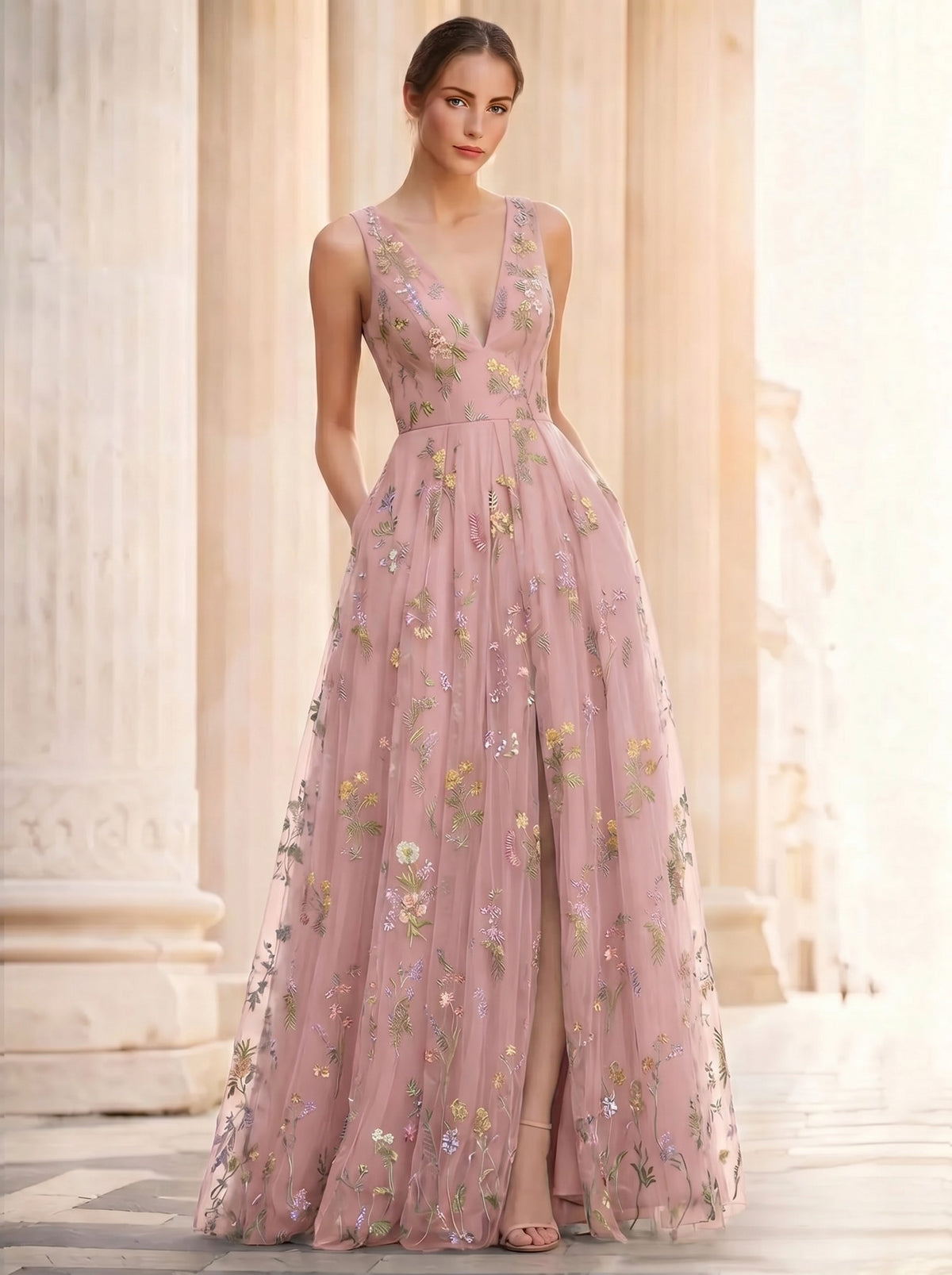 A-Line/Princess Evening Dresses Floral V Neck Sleeveless Tulle Formal Floor Length Dresses with Floral Emboridary Pocket