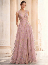 A-Line/Princess Evening Dresses Floral V Neck Sleeveless Tulle Formal Floor Length Dresses with Floral Emboridary Pocket