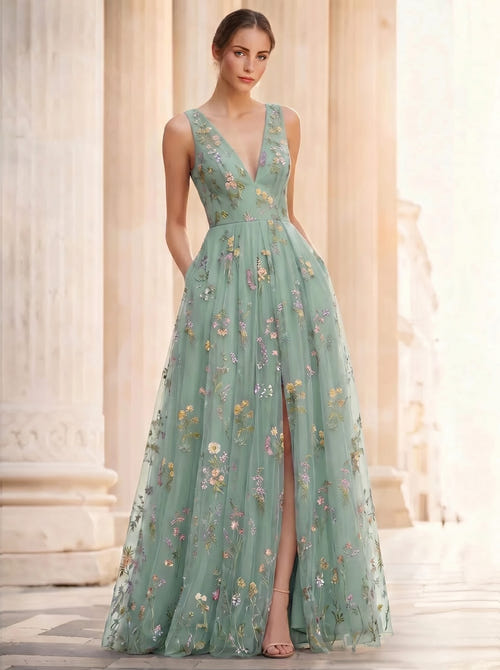 A-Line/Princess Evening Dresses Floral V Neck Sleeveless Tulle Formal Floor Length Dresses with Floral Emboridary Pocket