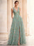 A-Line/Princess Evening Dresses Floral V Neck Sleeveless Tulle Formal Floor Length Dresses with Floral Emboridary Pocket