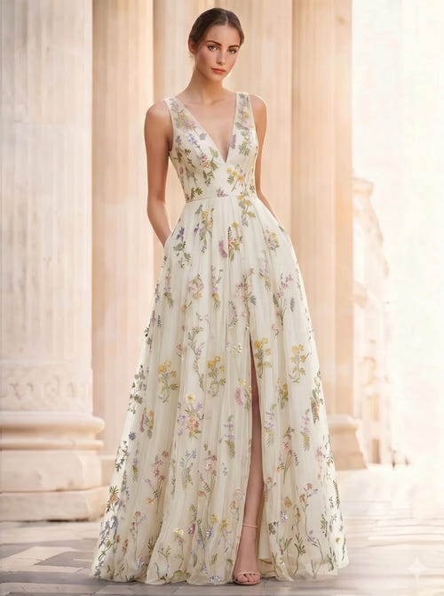 A-Line/Princess Evening Dresses Floral V Neck Sleeveless Tulle Formal Floor Length Dresses with Floral Emboridary Pocket