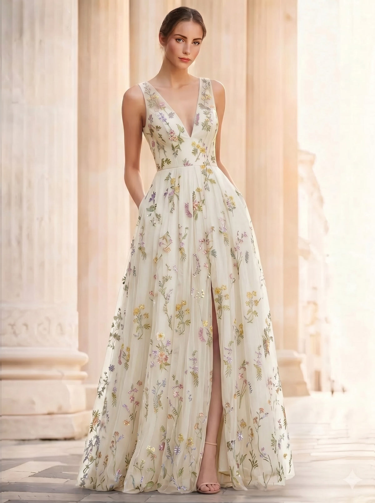 A-Line/Princess Evening Dresses Floral V Neck Sleeveless Tulle Formal Floor Length Dresses with Floral Emboridary Pocket