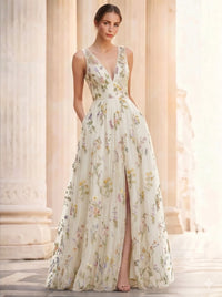A-Line/Princess Evening Dresses Floral V Neck Sleeveless Tulle Formal Floor Length Dresses with Floral Emboridary Pocket