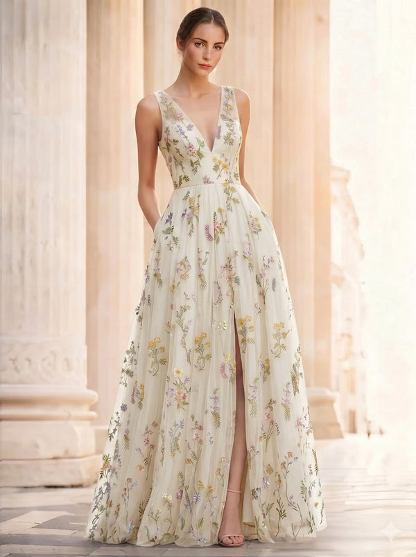 A-Line/Princess Evening Dresses Floral V Neck Sleeveless Tulle Formal Floor Length Dresses with Floral Emboridary Pocket