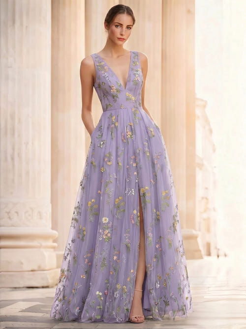 A-Line/Princess Evening Dresses Floral V Neck Sleeveless Tulle Formal Floor Length Dresses with Floral Emboridary Pocket