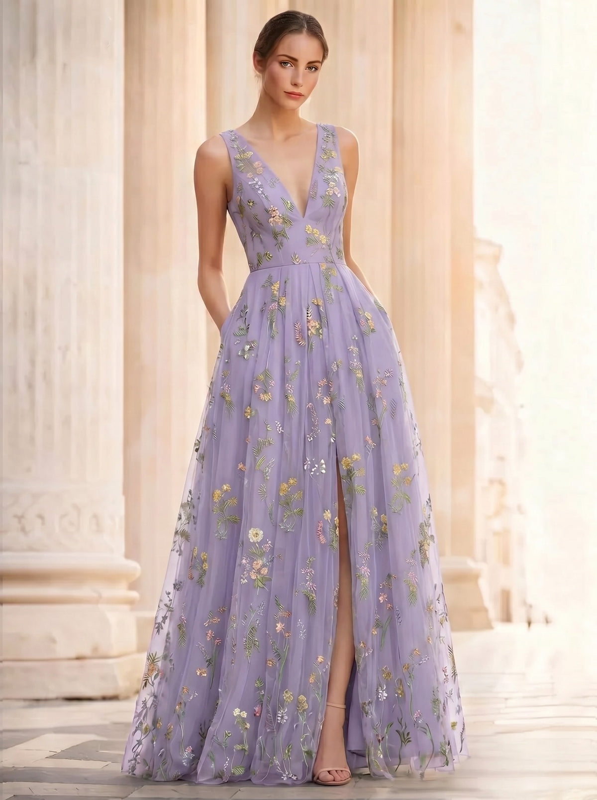 A-Line/Princess Evening Dresses Floral V Neck Sleeveless Tulle Formal Floor Length Dresses with Floral Emboridary Pocket