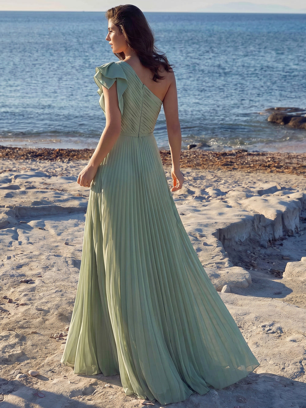 A-Line/Princess Evening Dresses One-Shoulder Floor-length Pleated Runched Wedding Guest Dress with Pocket