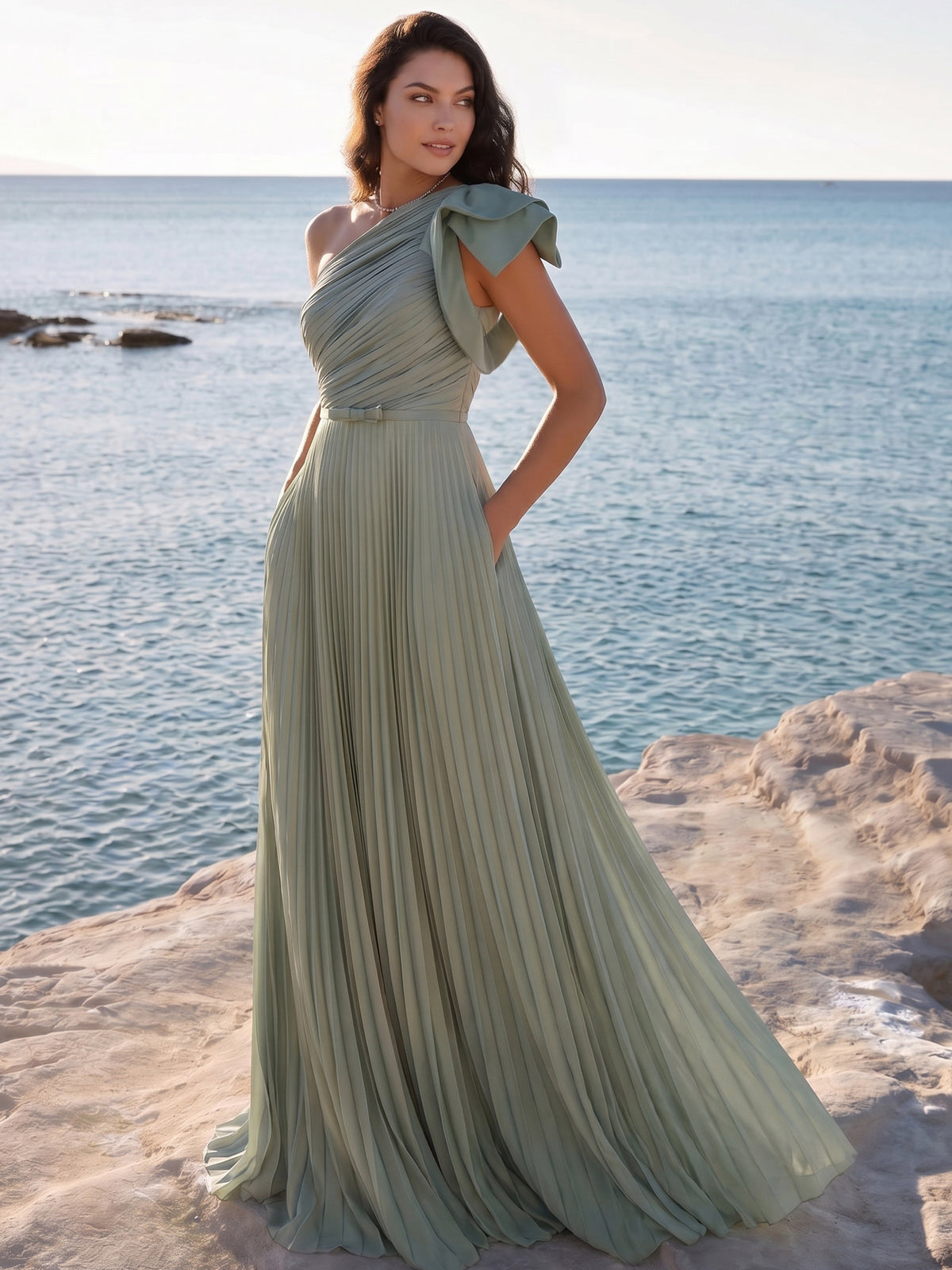 Nafori Sage A-Line/Princess Evening Dresses One-Shoulder Floor-length Pleated Runched Wedding Guest Dress with Pocket 2026