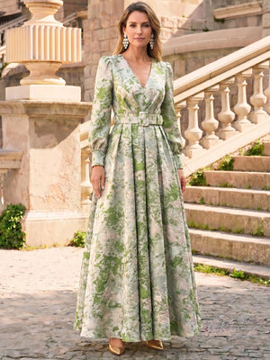 A-Line Evening Dress Floral Jacquard Wedding Guest Floor Length Long Sleeve V Neck With Belt