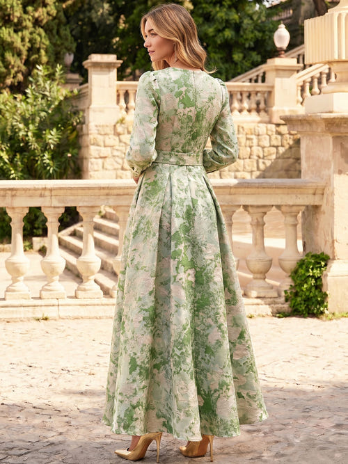 A-Line Evening Dress Floral Jacquard Wedding Guest Floor Length Long Sleeve V Neck With Belt