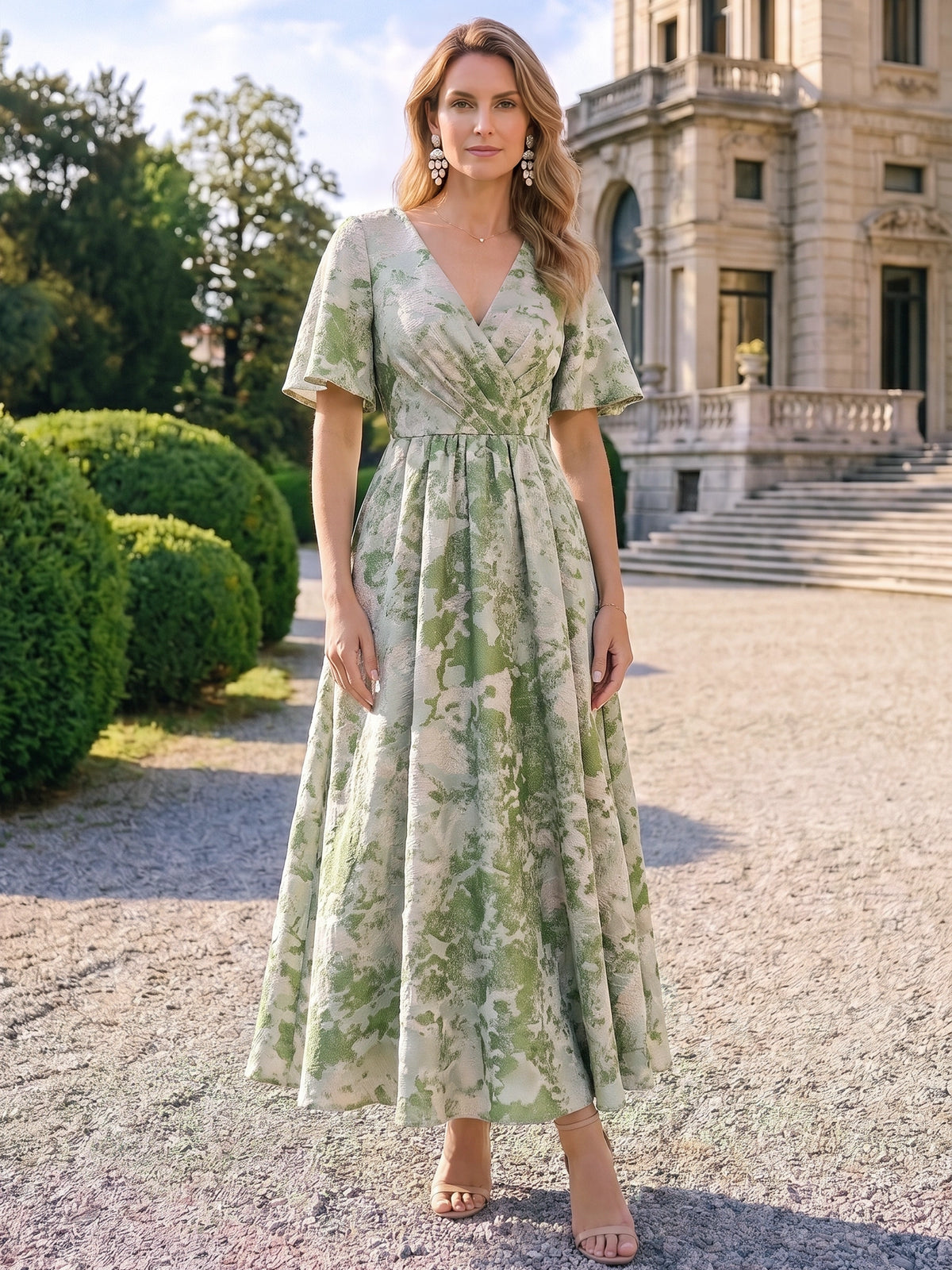 Nafori Green A-Line Mother Of The Bride Dress Jacquard Ankle-Length Short Sleeves V-Neck Formal Dresses 2026