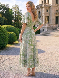 A-Line Mother Of The Bride Dress Jacquard Ankle-Length Short Sleeves V-Neck Formal Dresses