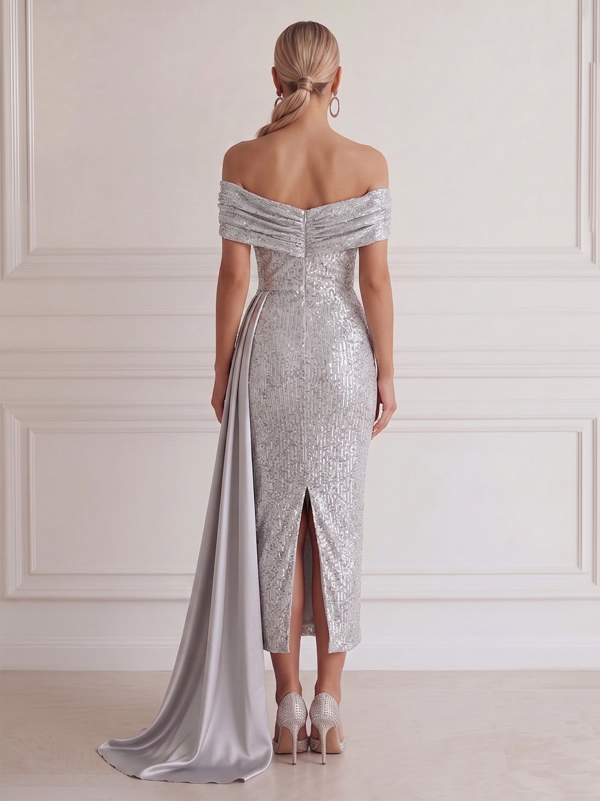 Sheath/Column Cocktail Dresses Sequins Off-The-Shoulder Short Sleeves Ankle-Length Ruched With Side Drape Zipper