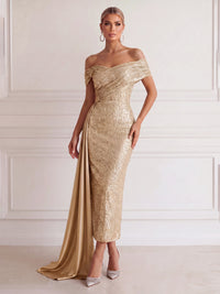 Sheath/Column Cocktail Dresses Sequins Off-The-Shoulder Short Sleeves Ankle-Length Ruched With Side Drape Zipper