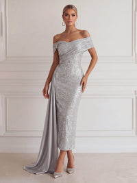 Sheath/Column Cocktail Dresses Sequins Off-The-Shoulder Short Sleeves Ankle-Length Ruched With Side Drape Zipper