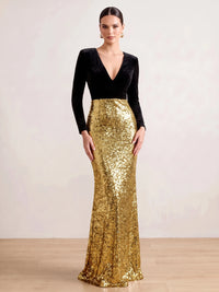 Sheath Evening Dress Velvet Sequins Formal Dress V Neck Long Sleeves Floor-length Wedding Guest Dresses Christmas Dress