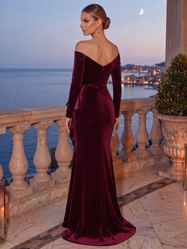 Mermaid Velvet Evening Gown Floor Length Off The Shoulder Long Sleeves Ruched Ruffles Side Slit Zipper Elegant Formal Wedding Guest Dress