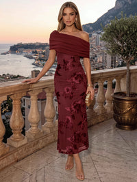 Sheath/Column Cocktail Dresses One Shoulder Floral Christmas Dresses Ankle-length Wedding Guest With Flower Embroidery