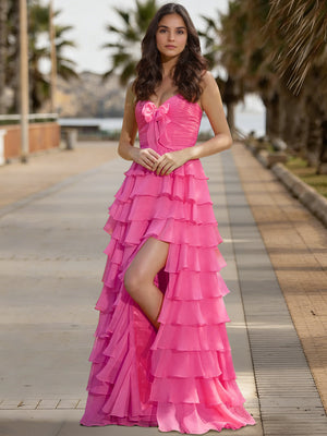 A-Line/Princess Chiffon Prom Dresses Strapless Sleeveless Floor-Length Corset Layred Ruffles Dresses with Organza Ribbon Bow