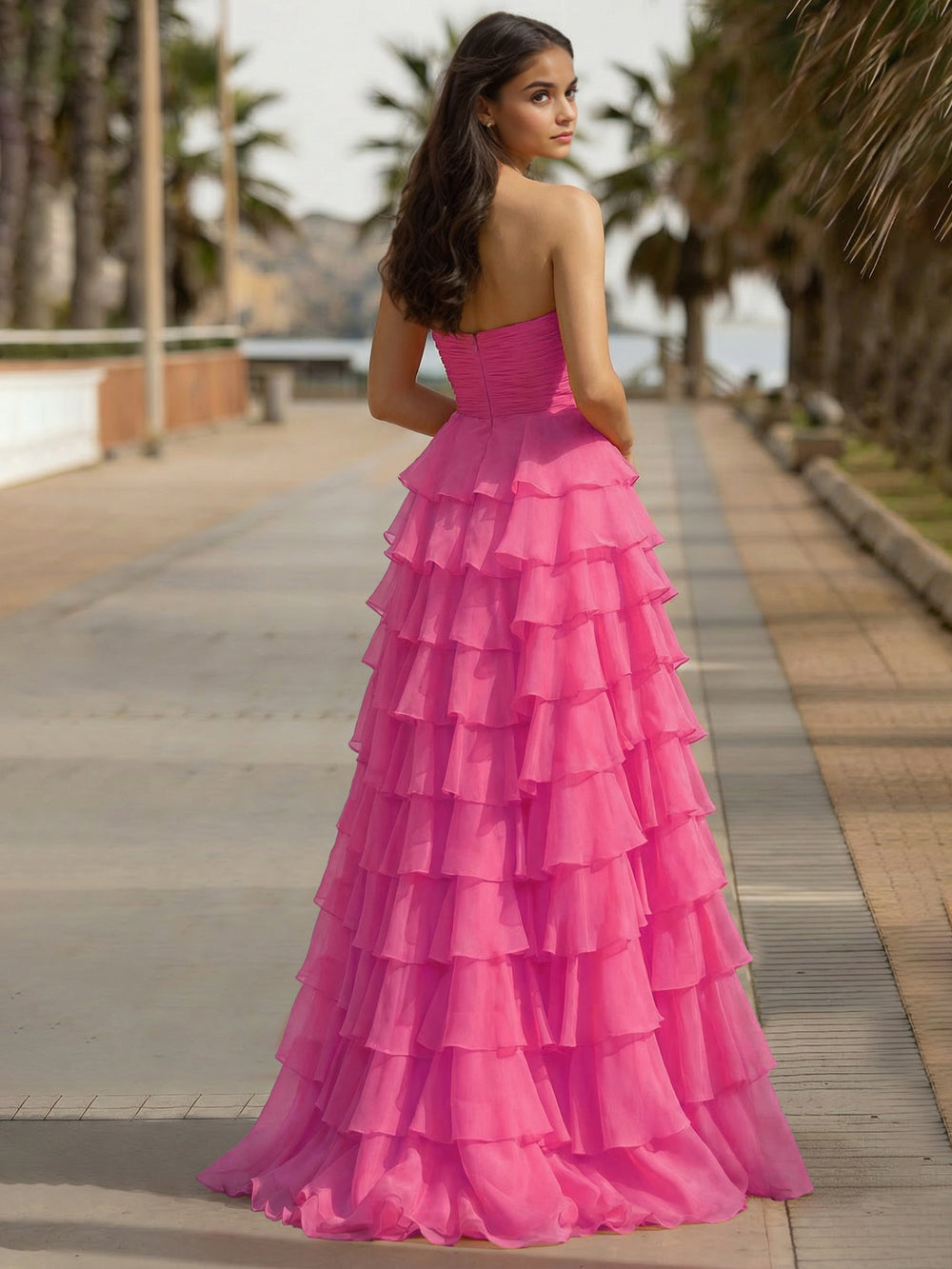 A-Line/Princess Chiffon Prom Dresses Strapless Sleeveless Floor-Length Corset Layred Ruffles Dresses with Organza Ribbon Bow