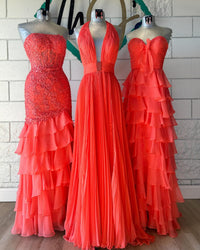 A-Line/Princess Chiffon Prom Dresses Strapless Sleeveless Floor-Length Corset Layred Ruffles Dresses with Organza Ribbon Bow