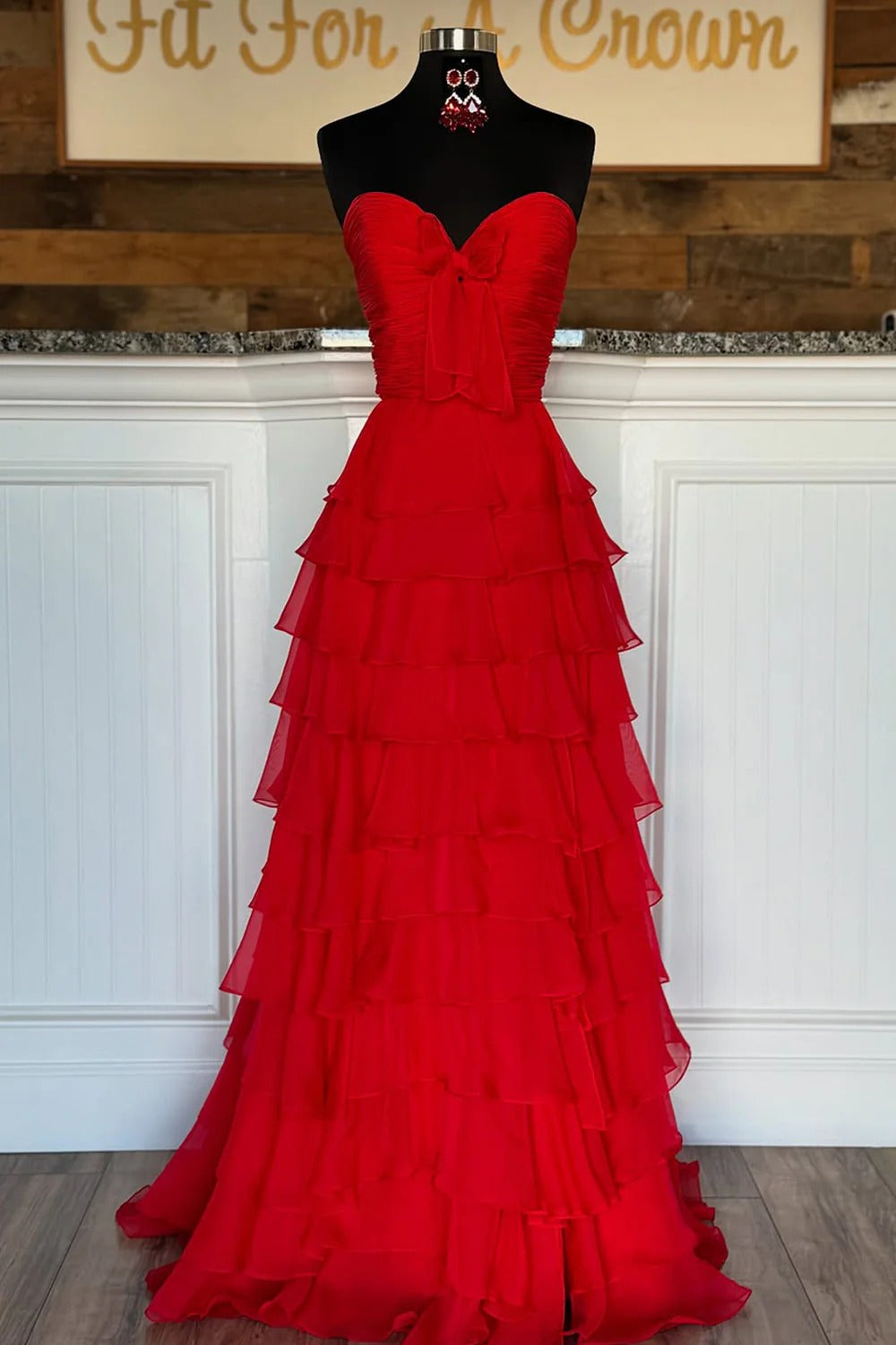 A-Line/Princess Chiffon Prom Dresses Strapless Sleeveless Floor-Length Corset Layred Ruffles Dresses with Organza Ribbon Bow