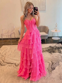 A-Line/Princess Chiffon Prom Dresses Strapless Sleeveless Floor-Length Corset Layred Ruffles Dresses with Organza Ribbon Bow