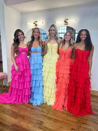A-Line/Princess Chiffon Prom Dresses Strapless Sleeveless Floor-Length Corset Layred Ruffles Dresses with Organza Ribbon Bow