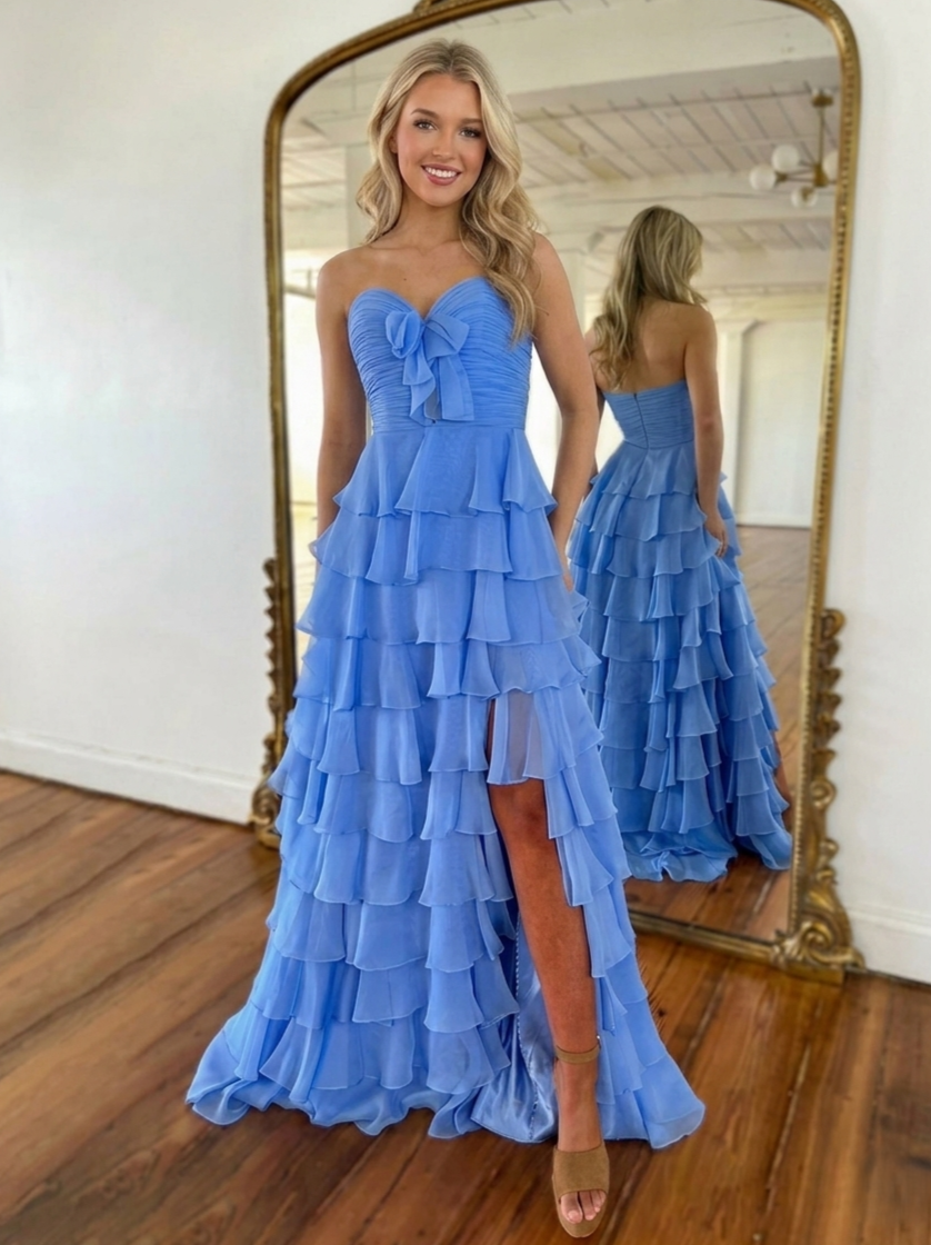 A-Line/Princess Chiffon Prom Dresses Strapless Sleeveless Floor-Length Corset Layred Ruffles Dresses with Organza Ribbon Bow