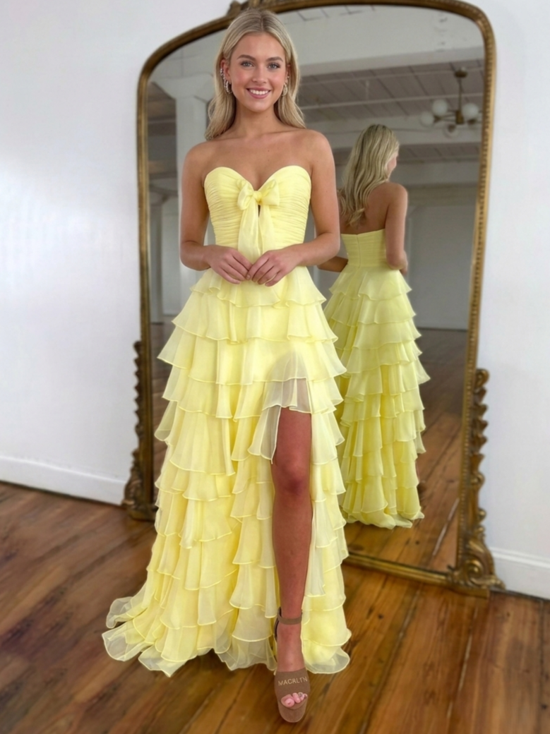 A-Line/Princess Chiffon Prom Dresses Strapless Sleeveless Floor-Length Corset Layred Ruffles Dresses with Organza Ribbon Bow