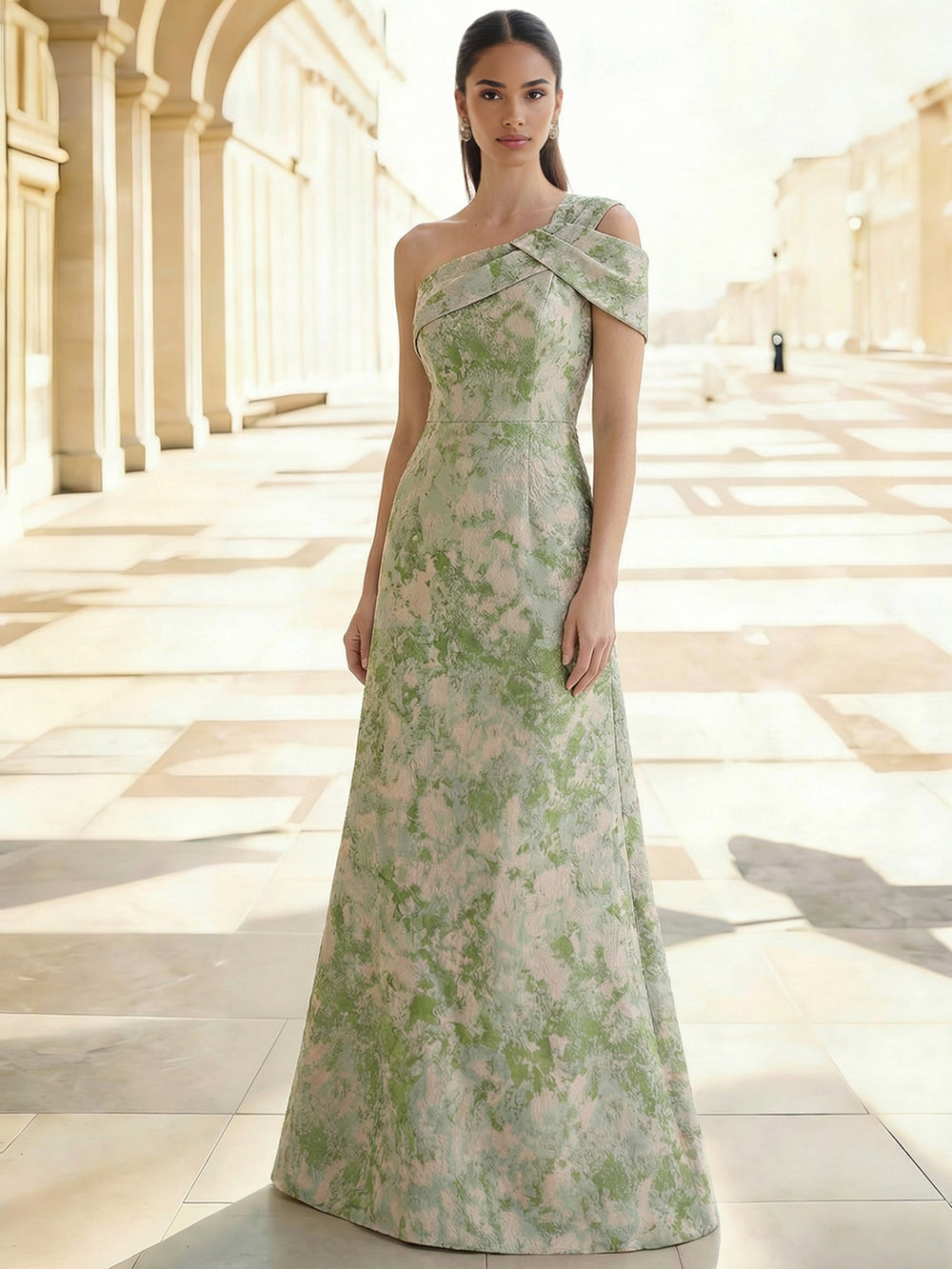 A-Line Evening Gown Elegant Jacquard Floral Dress Prom Floor Length Sleeveless One Shoulder with Slit Pocket Sage Wedding Guest Dress Keyhole