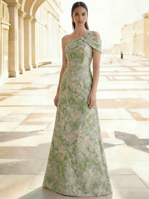 A-Line Evening Gown Elegant Jacquard Floral Dress Prom Floor Length Sleeveless One Shoulder with Slit Pocket Sage Wedding Guest Dress Keyhole