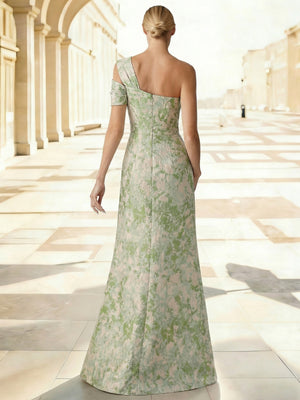 A-Line Evening Gown Elegant Jacquard Floral Dress Prom Floor Length Sleeveless One Shoulder with Slit Pocket Sage Wedding Guest Dress Keyhole