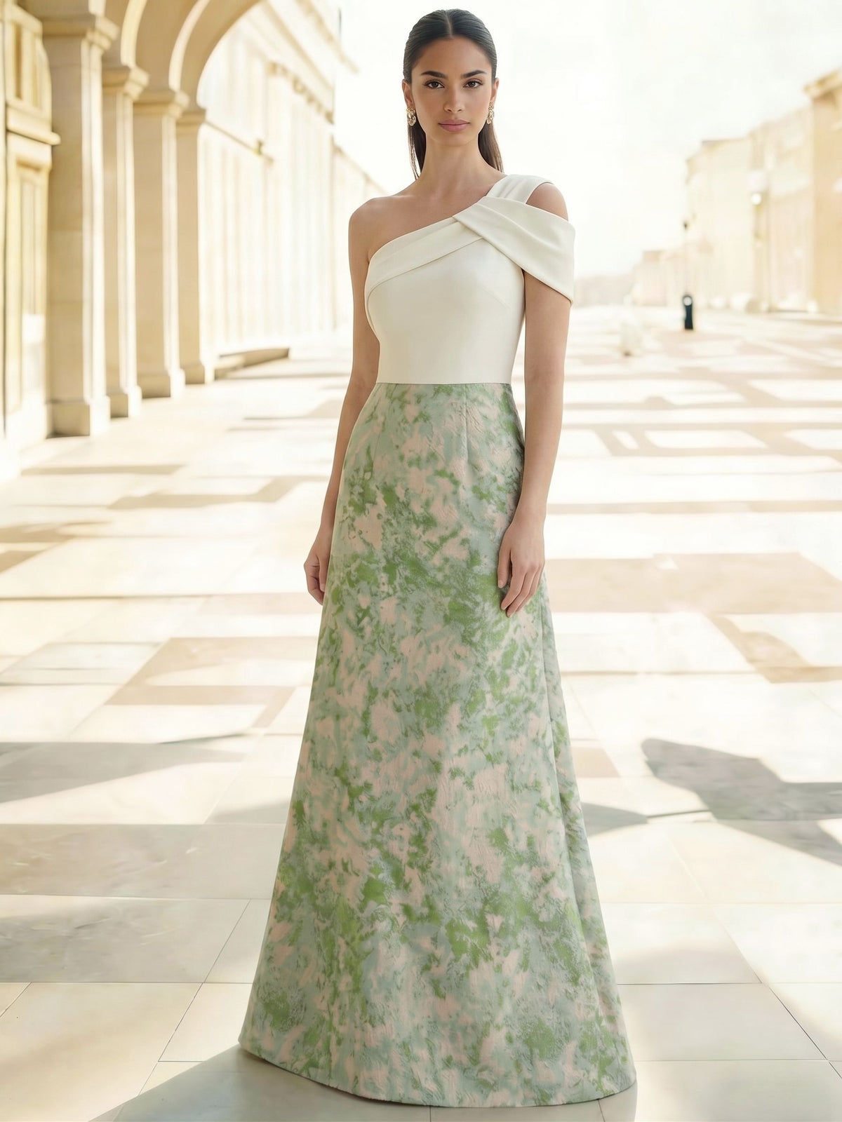A-Line Evening Gown Elegant Jacquard Floral Dress Prom Floor Length Sleeveless One Shoulder with Slit Pocket Sage Wedding Guest Dress Keyhole