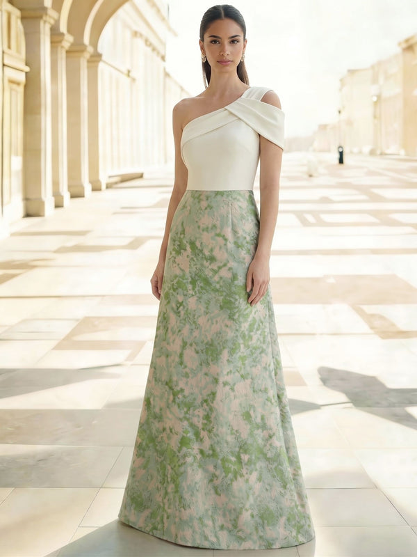 A-Line Evening Gown Elegant Jacquard Floral Dress Prom Floor Length Sleeveless One Shoulder with Slit Pocket Sage Wedding Guest Dress Keyhole
