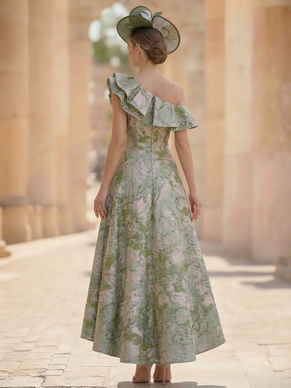 A-Line Cocktail Dress Elegant Jacquard Satin Floral Dress High Low Tea Length Short Sleeves with Pocket Wedding Guest Dress