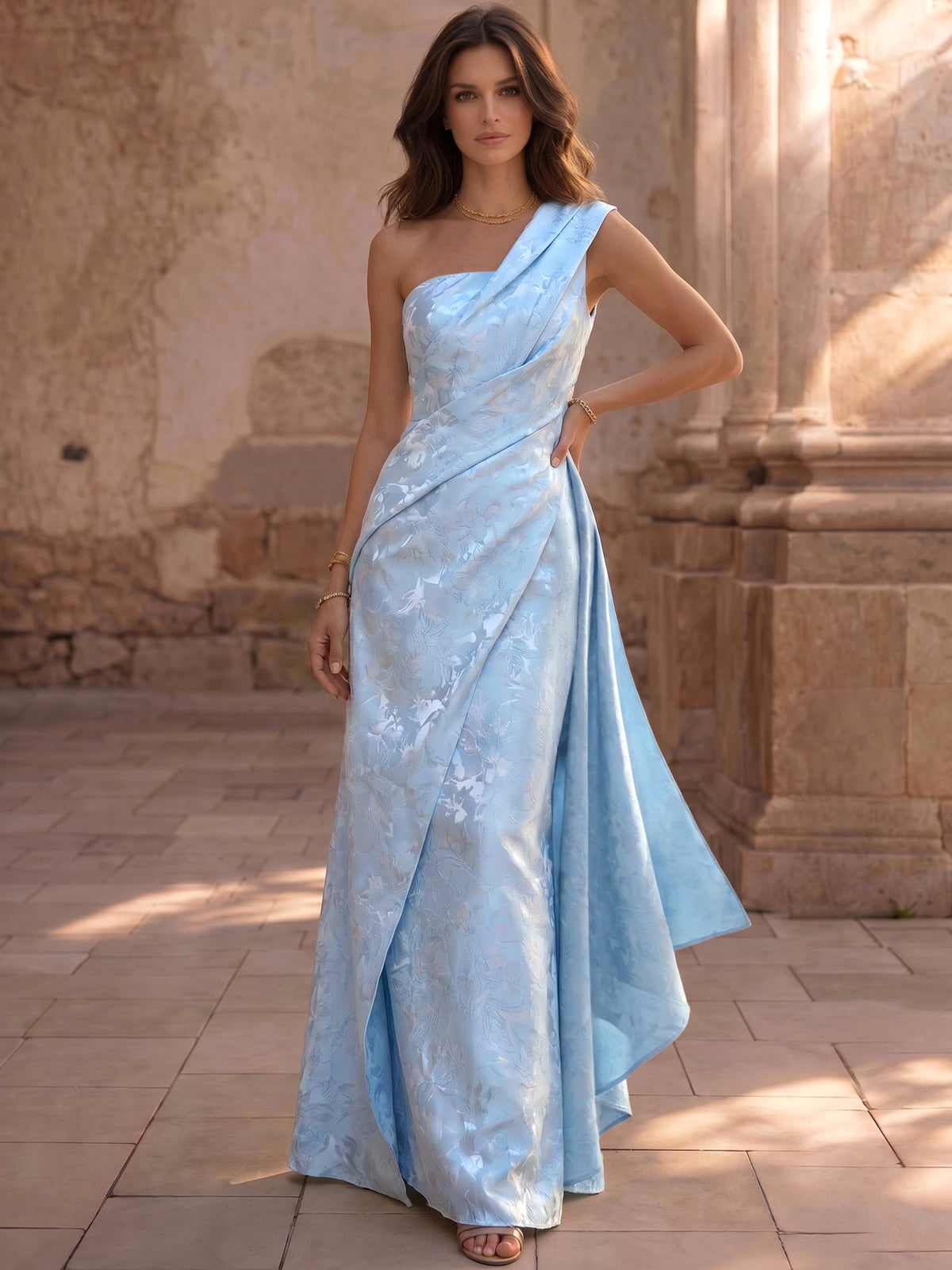 Sheath/Column One-Shoulder Sleeveless Evening Dresses Floral Jacquard With Pleats Ruched Wedding Guest