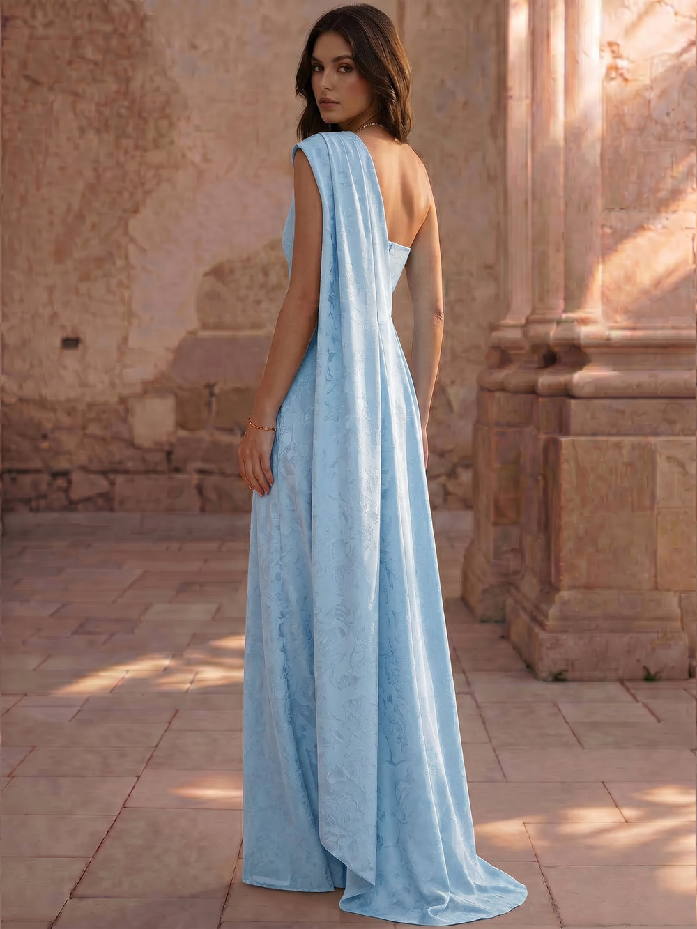 Sheath/Column One-Shoulder Sleeveless Evening Dresses Floral Jacquard With Pleats Ruched Wedding Guest