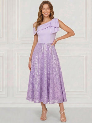 A-Line/Princess Elegant Cocktail Dress Sequined One Shoulder Tea-Length Dress Formal Wedding Guest With Shoulder Bow