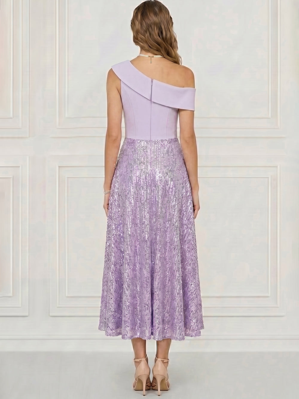 A-Line/Princess Elegant Cocktail Dress Sequined One Shoulder Tea-Length Dress Formal Wedding Guest With Shoulder Bow