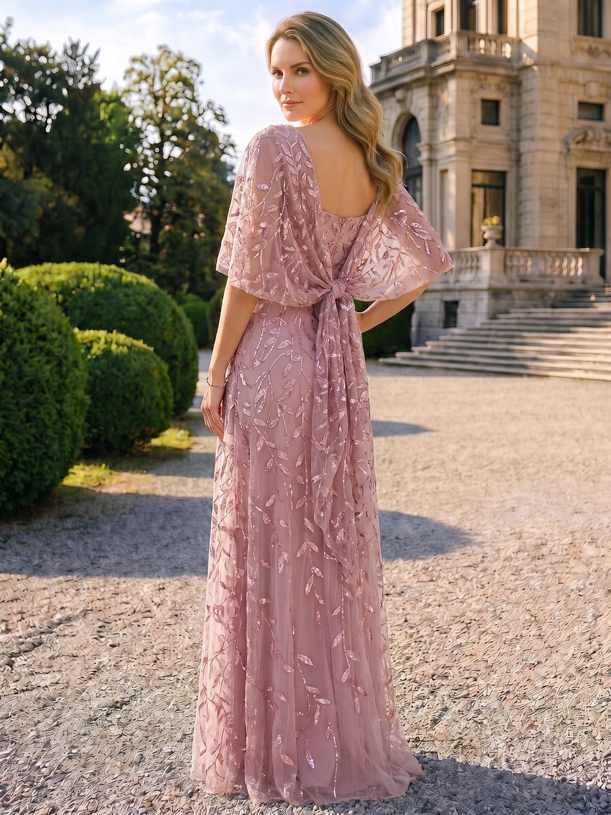 Sheath Mother Of The Bride Dress Elegant Formal Gown Sequins Bateau Neck Floor Length 1/2 Cape Sleeves Wedding Guest