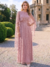 Sheath Mother Of The Bride Dress Elegant Formal Gown Sequins Bateau Neck Floor Length 1/2 Cape Sleeves Wedding Guest