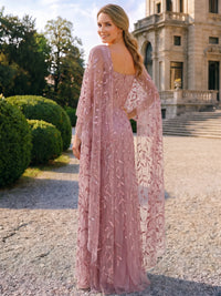 Sheath Mother Of The Bride Dress Elegant Formal Gown Sequins Bateau Neck Floor Length 1/2 Cape Sleeves Wedding Guest