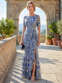 A-Line Mother Of The Bride Dress Elegant  Wedding Guest Floor Length Short Sleeves Boat Neck Floral Embroidery Dresses With Ruffles Slit