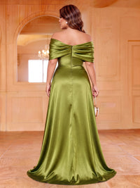 Mermaid/Trumpet Plus Size Evening Dresses Elegant Satin Off The Shoulder Floor-Length Short Sleeves Ruched Zipper With Overskirt