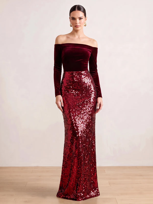 Sheath Evening Dress Velvet Sequins Formal Dress Off The Shoulder Long Sleeves Floor-length Burgundy Wedding Guest Dresses Christmas Dress