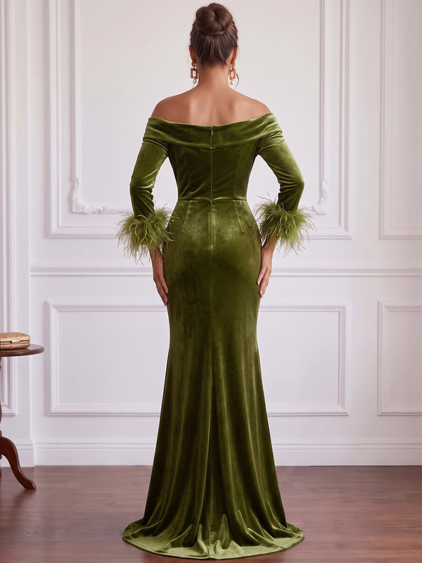 Mermaid Velvet Evening Gown Floor Length Off The Shoulder Long Sleeves Ruched With Feather Fur Side Slit Zipper Elegant Formal Dress Wedding Guest