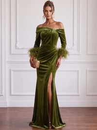 Mermaid Velvet Evening Gown Floor Length Off The Shoulder Long Sleeves Ruched With Feather Fur Side Slit Zipper Elegant Formal Dress Wedding Guest